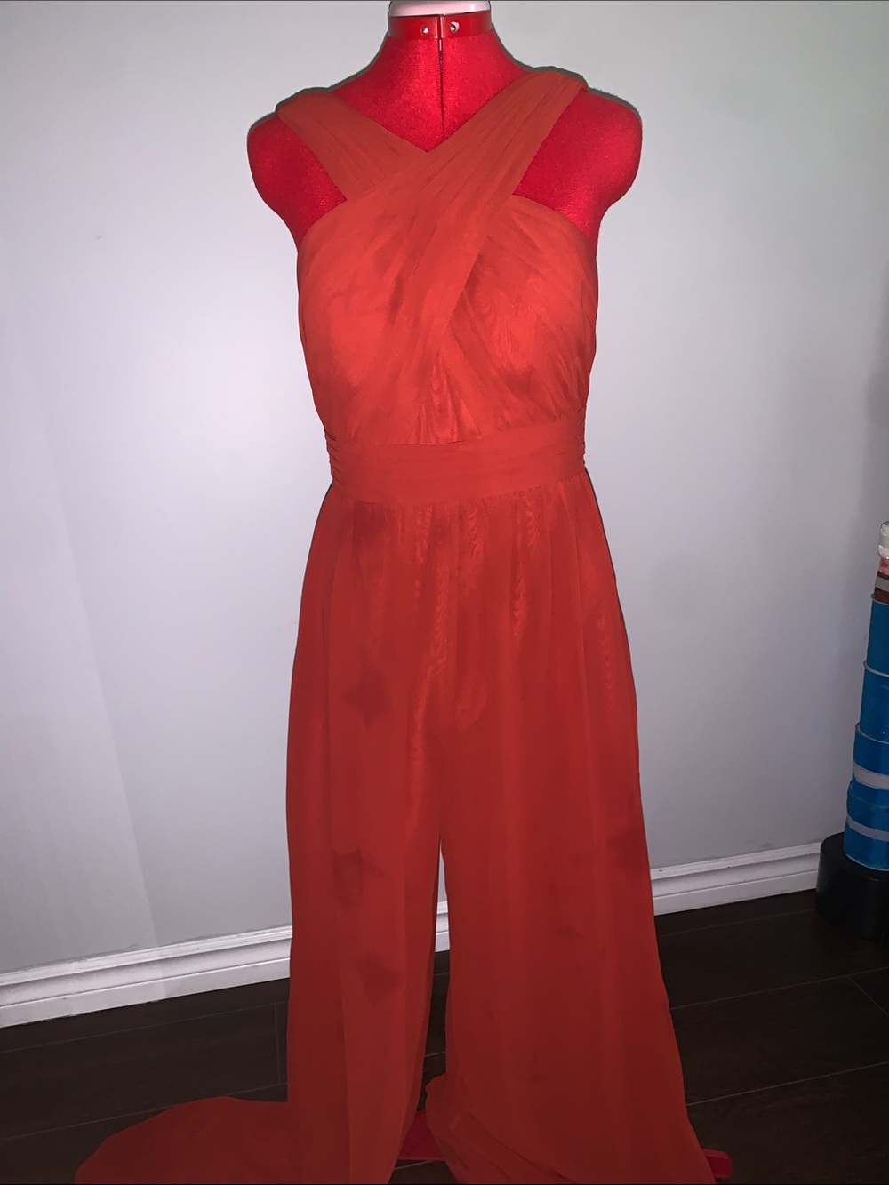 Azazie Orange Cross-Over Chiffon Jumpsuit